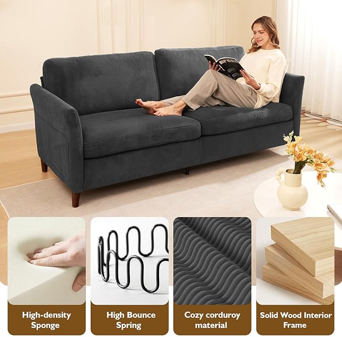 Corduroy Loveseat Sofa, Modern Comfy Couches with Side Pocket, Cloud Sofa Couch for Living Room, Bedroom and Small Spaces,Grey