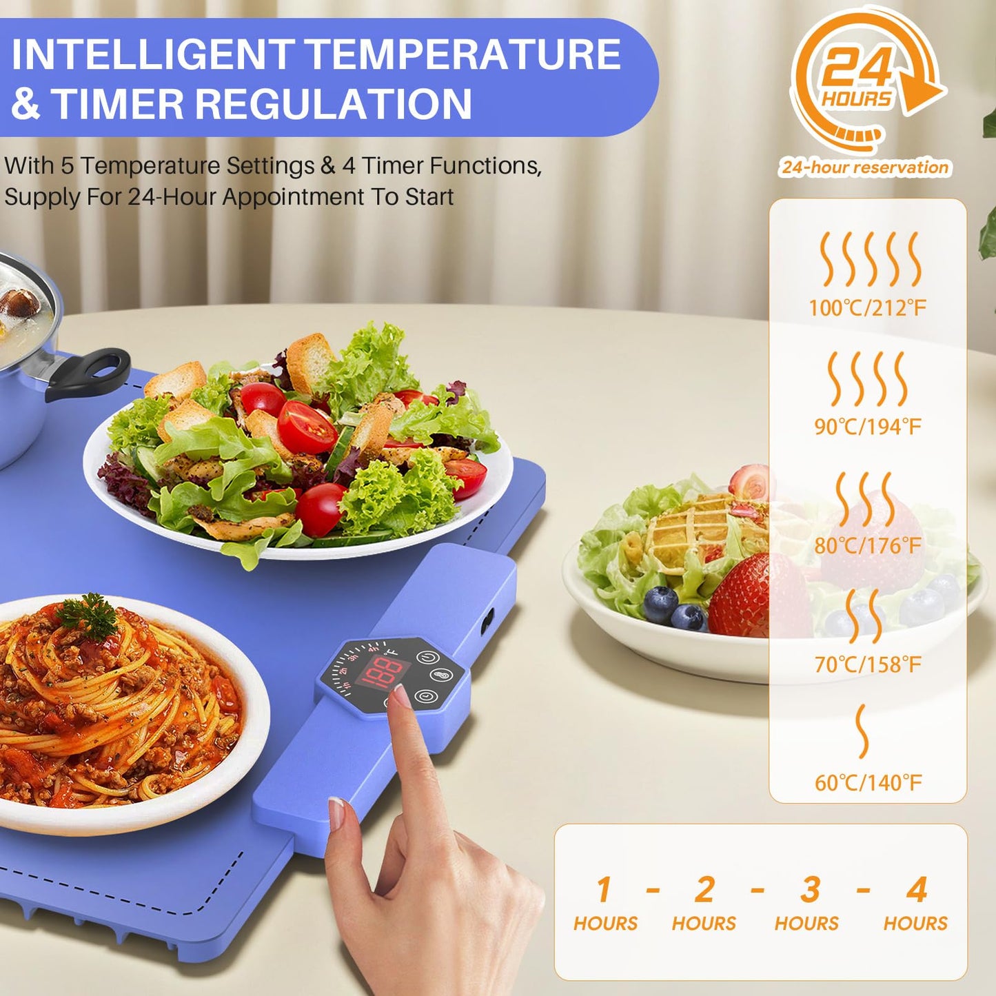 CJC Warming Mat for Food-Electric Warming Tray and Full Surface Heating,5 Temp Settings,4H Timer,Rollable Portable,24H Heating by Appointment,with 2M Cable,for Parties Gatherings Daily Use（Blue）