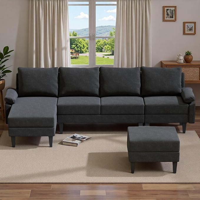 Topcomfy U-Shaped Sectional Couches for Living Room, Convertible 4 Seat Modular Sectional Sofa Set with Ottoman, Modern L Shaped Couch with Chaise for Bedroom Apartment and Office, Chenille Black