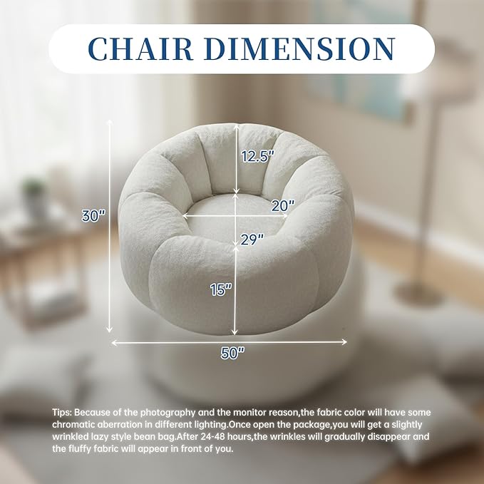 Giant Bean Bag Chair for Adults – Large Comfy Stuffed Sofa Seat with Spacious Design for Reading, Gaming, or Relaxing (Beige)