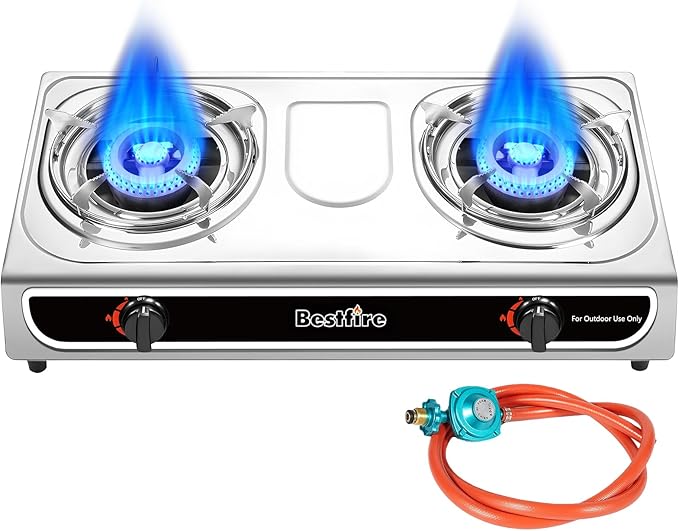 23,000 BTU Portable Dual-Burner Propane Stove with Auto Ignition – Stainless Steel Camping Stove for Outdoor Cooking, Emer...