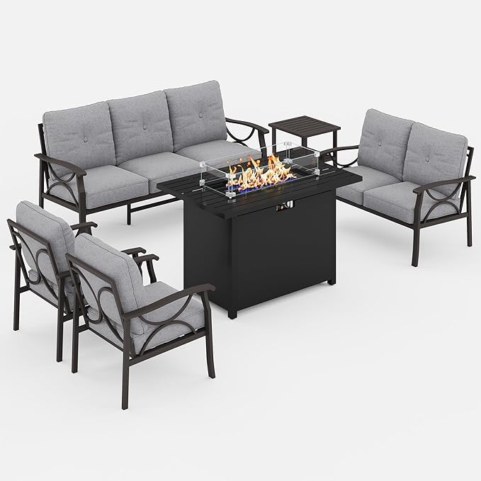 FansaFurn 6-Pieces Outdoor Patio Furniture Set with 43" Fire Pit Table, Outdoor Metal Sectional Sofa with Cushions, Outdoor Conversation Set for Garden, Balcony, Deck, Backyard, Grey