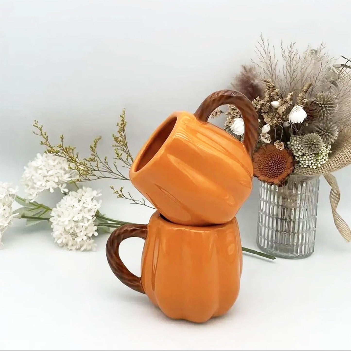 FYUEROPA 2 Pcs Ceramic Pumpkin Mug 13 Oz Coffee Mug Tea Cup, Holiday Decorations