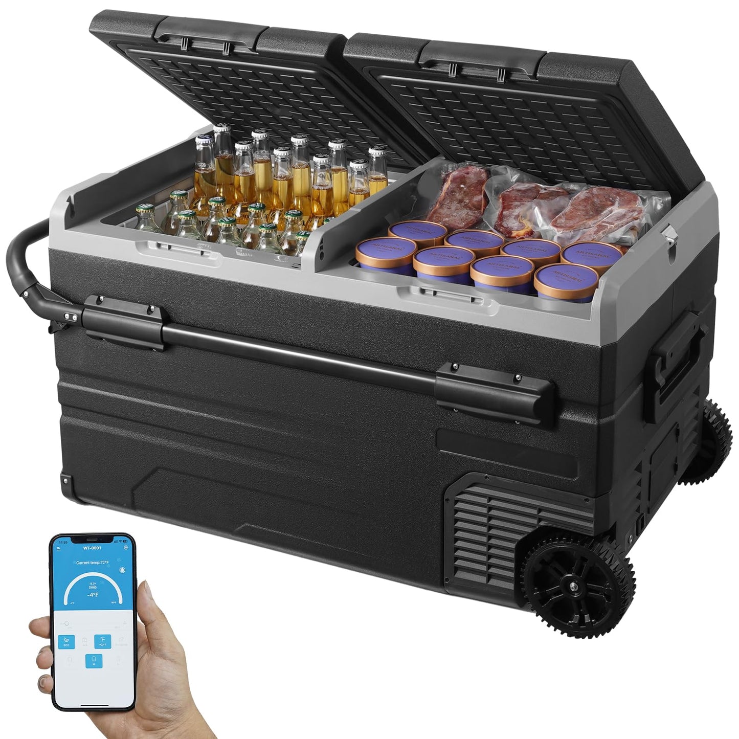 VEVOR Car Refrigerator 115L, Dual Zone Portable Freezer with Wheels & Handle, -4℉ to 68℉, 12/24V DC & 100-240V AC Compressor Cooler for Camping, Outdoor, RV