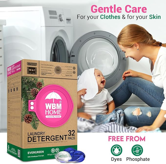 WBM Laundry Detergent Pods - Ultra-Concentrated, Hypoallergenic, Stain-Fighting, Evergreen Scent, 32-Pack, Recyclable Packaging for Eco-Friendly Cleaning