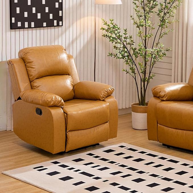 JBXBER Manual Recliner Sofa Set for Living Room, Leather Reclining Sofa Sets, Faux Leather Couch Set with Cup Holders, Drop-Down Table and Storage Console(Chair,Ginger)
