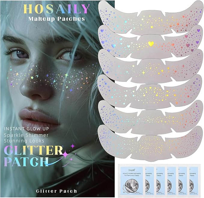 HOSAILY 6 pcs Holographic Glitter Freckles Face Tattoo, Waterproof Sparkle Body Glitter Speckles Patches for Women, Cute S...