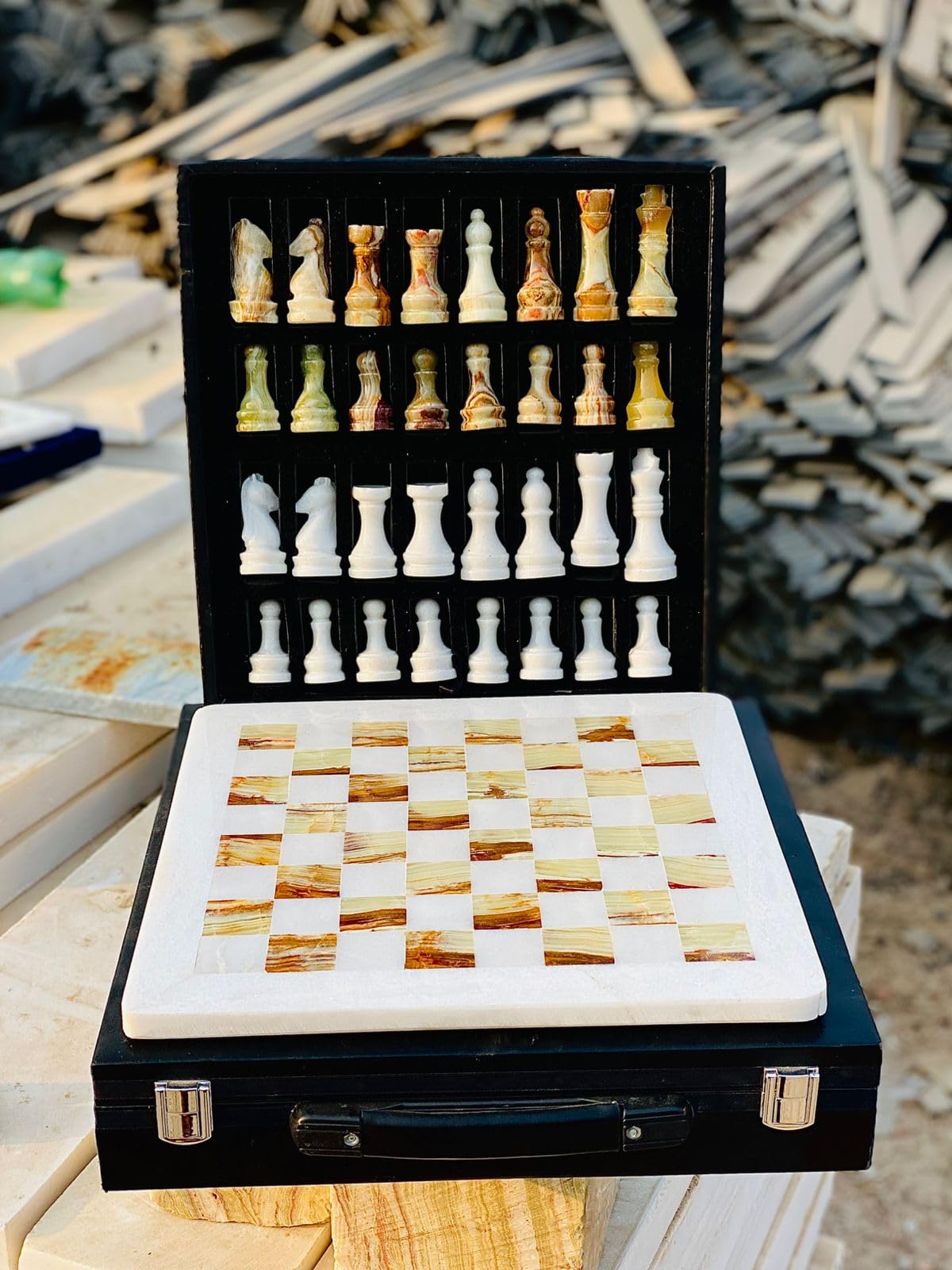 NatureBoost Marble Chess Set Handmade Onyx Full Chess Game Set.Comes in Rexine Box Packaging. Perfect for Gifting (White Multigreen)