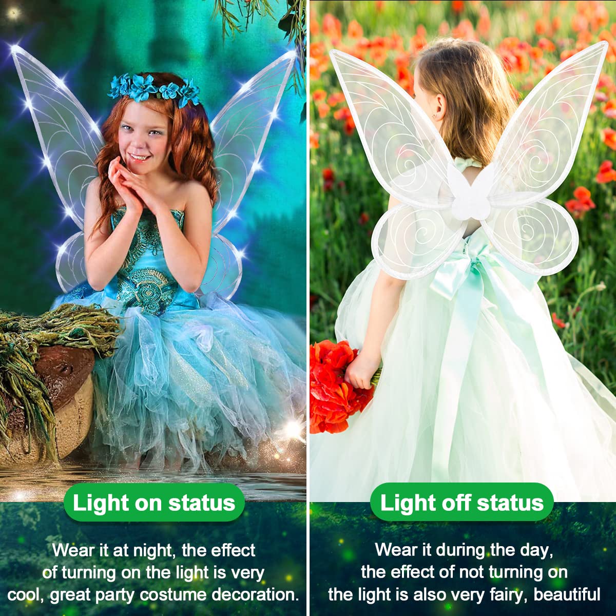 quescu Fairy Wings for Girls,Light up Butterfly Wings for Adults,LED Fairy Costume for Women Halloween Dress Up Party Favor (White)
