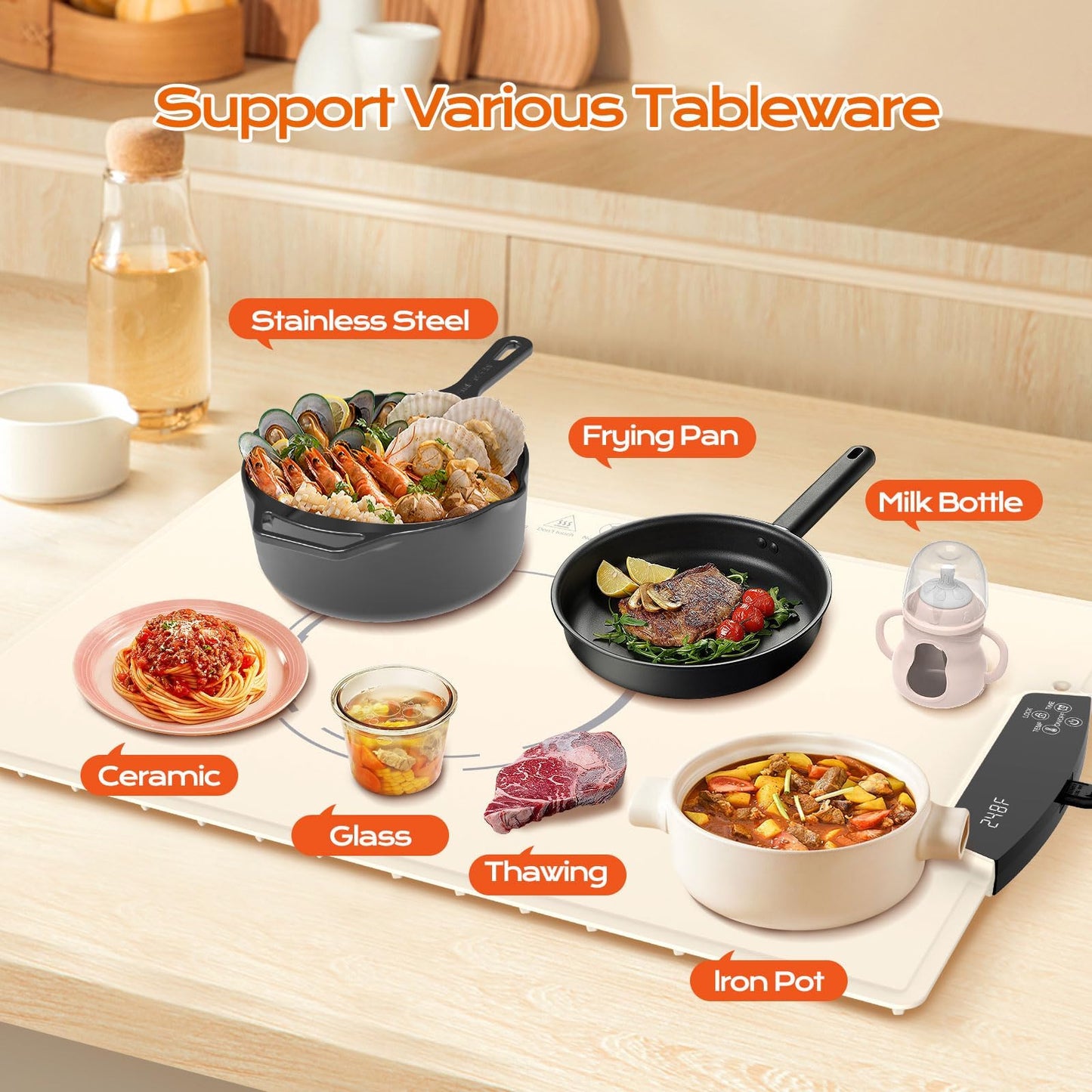 Warming Mat for Food with 9 Temperature Modes, 24"x16" Fast Heating & Foldable Food Warmer for Parties, 2-12Hr Auto Shut-Off & Child-Lock Silicone Heating Mat for Food, Holidays, Countertop, Daily Use
