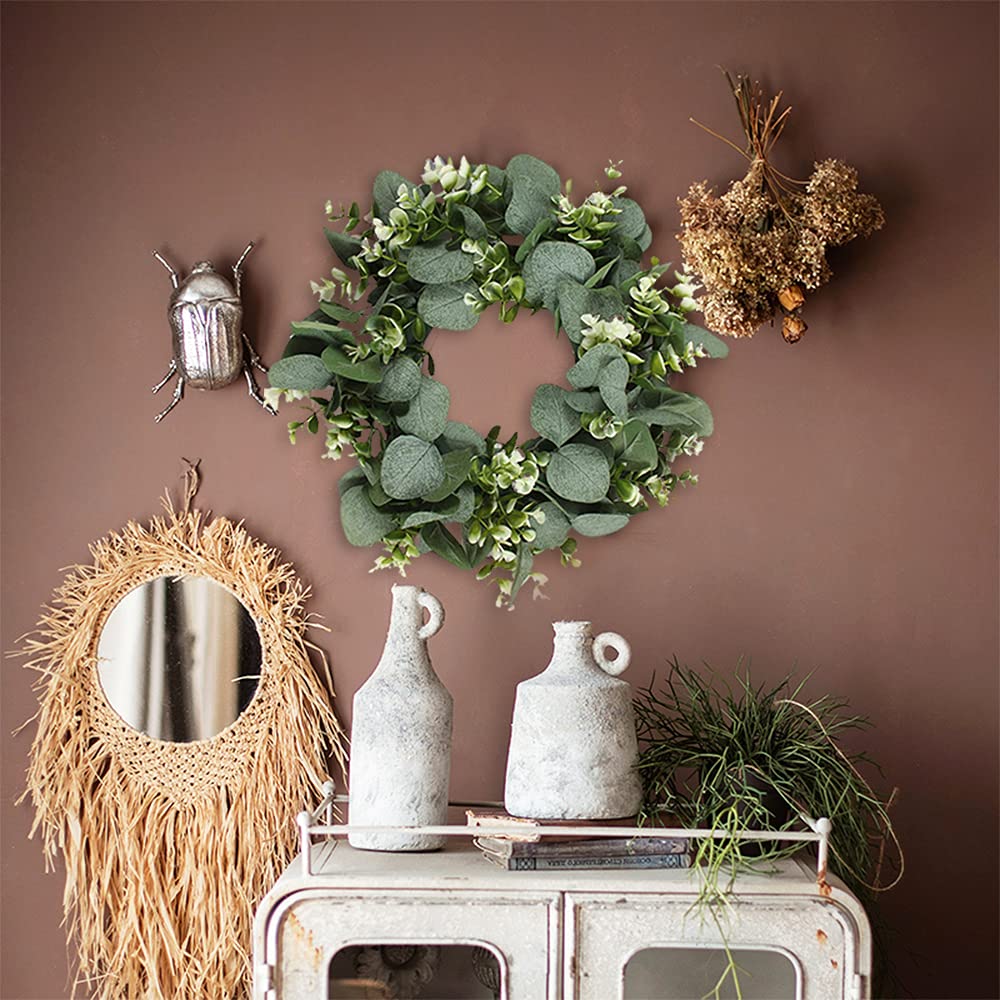 FULANDL 2PCS Artificial Eucalyptus Wreath, 11" Faux Green Leaves Wreath Farmhouse Greenery Wreath, Round Eucalyptus Wreath Outdoor Green Garland for Front Door Wall Hanging Window Decor