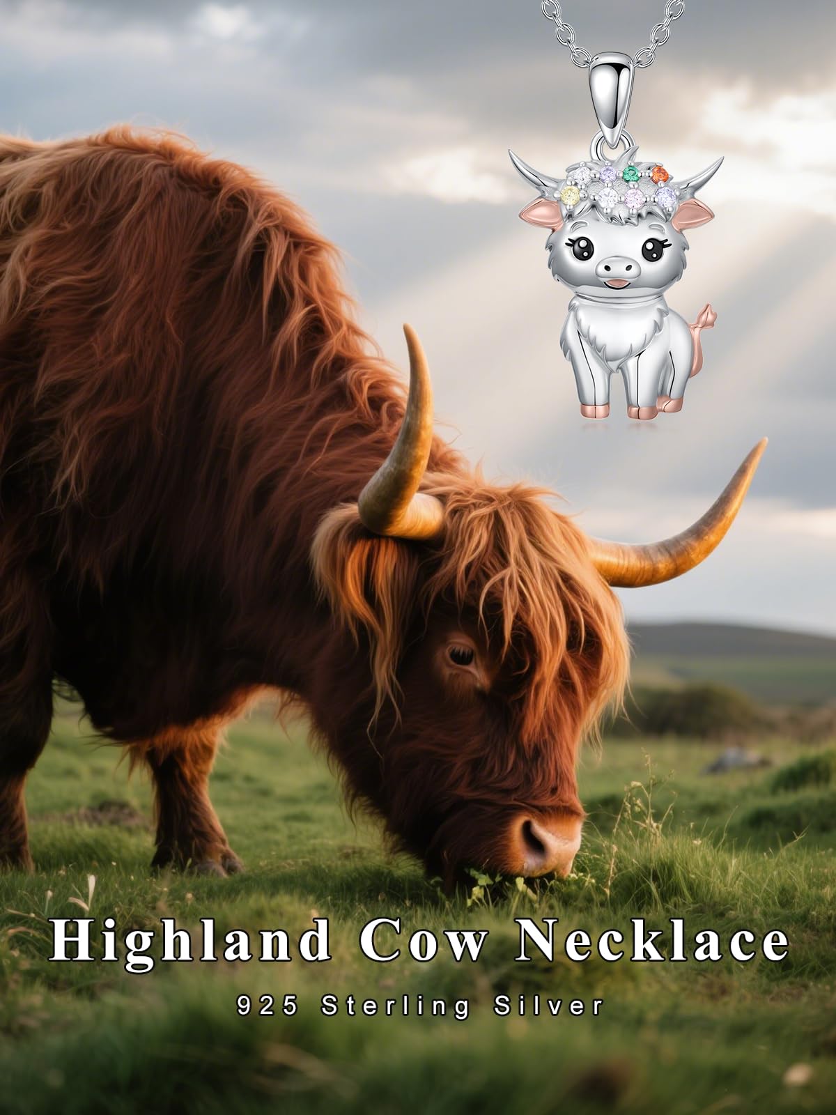 Dorunmo Highland Cow Necklace 925 Sterling Silver Cow Pendant Necklace Anniversary Birthday Cute Highland Cow Jewelry Gifts for Women Daughter Wife Animal Cow Lover