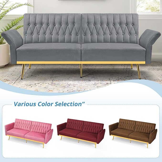 ACMEASE 70” Velvet Futon Sofa Bed with 2 Pillows and Adjustable Armrests, Convertible Sleeper Bed W/Adjustable Backrests, Modern Loveseat for Living Room, Bedroom, Light Grey