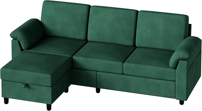 Vongrasig 79" Convertible Sectional Couch Sofa with Storage Ottoman, 3 Seat L Shaped Couch with Side Storage Pockage, Small Couches for Living Room, Apartment and Small Space (Green)