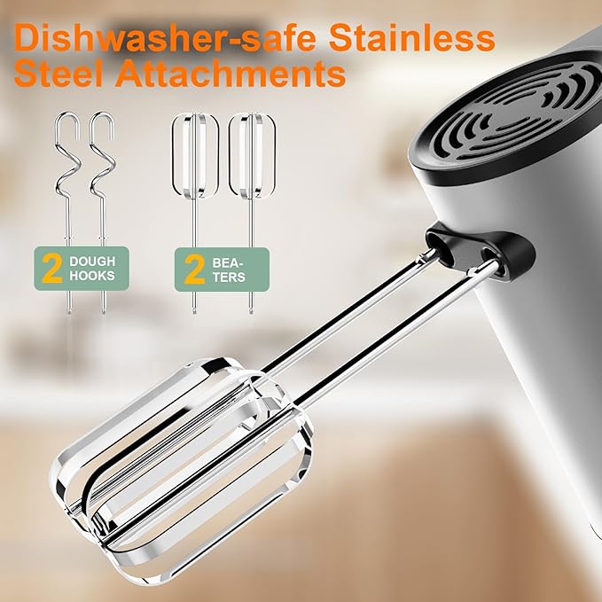 Electric Hand Mixer, 600W Kitchen Handheld Mixer, Turbo Boost/Self-Control Speed + 5 Speed + Eject Button + Stainless Steel Hand Beaters*2 & Dough Hooks*2, Kitchen Mixer for Cream/Cookies/Dough