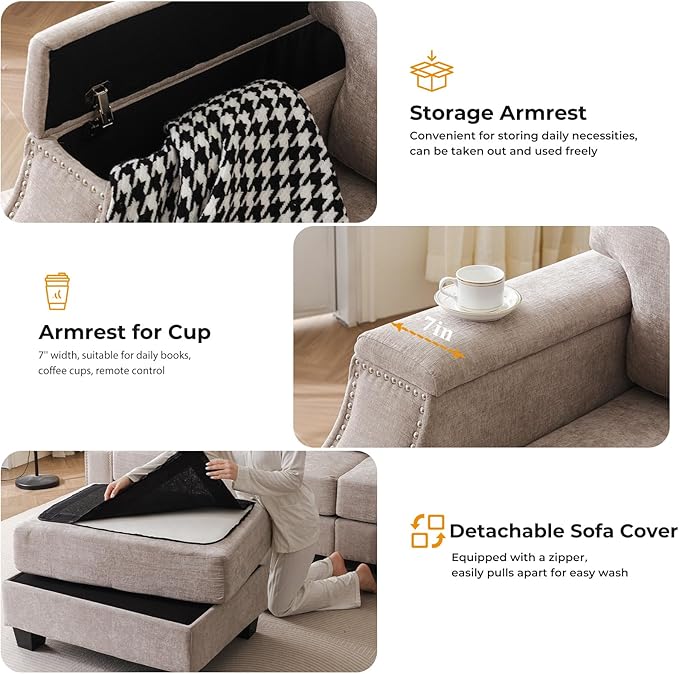 Rukefo 85" Sectional Sofa Couch with Storage Ottoman,L Shaped Couch with Armrest Organizer,3-Seater Sofa,Sofa and Chair Set,Couches for Living Room,Bedroom,Apartment,Chenille,Khaki