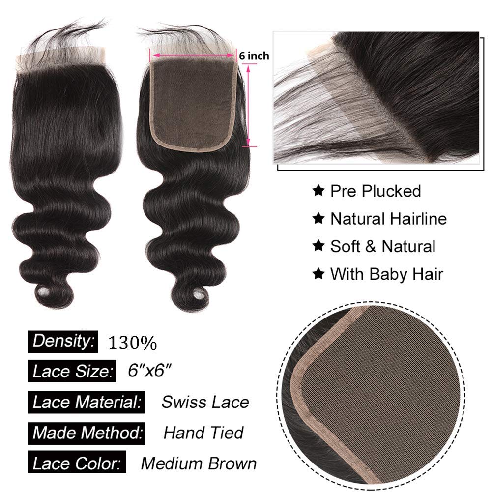 6X6 Lace Closure Human Hair Pre Plucked Closure Body Wave Brazilian Virgin Hair 6X6 Colsure With Baby Hair High Density Real Hum