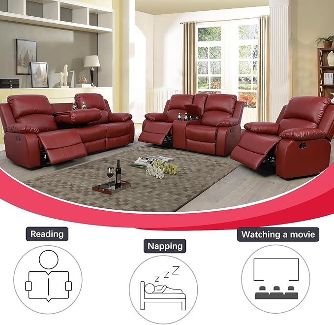 A Ainehome Living Room Furniture Set Leather Recliner Sofa Set Loveseat Chair Furniture Sofa Set for Living Room/Small Space/Rv/House/Office/Theater Seating (A-Red Leather, 3 Piece Set)