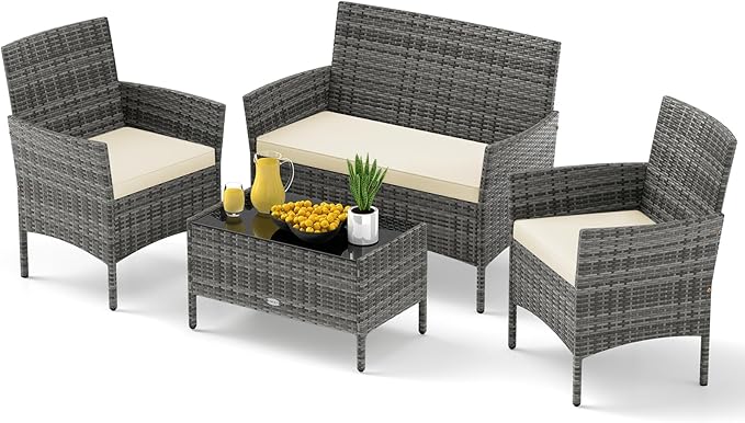 RELAX4LIFE 4-Piece Patio Furniture Set - Rattan Outdoor Conversation Bistro Set w/Cushions, Glass Coffee Table, Wicker Chairs & Loveseat for Garden Backyard Porch Balcony (1, Mix Grey-Beige)