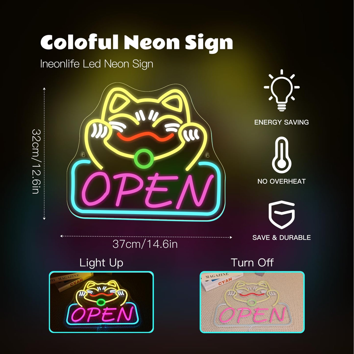 ineonlife Lucky Cat Open Neon Sign Cute Cat Neon Signs for Wall Decor Led Light for Used In Restaurants Ramen Shops Izakaya Sushi Restaurants Shop Decorations Business Opening Gift