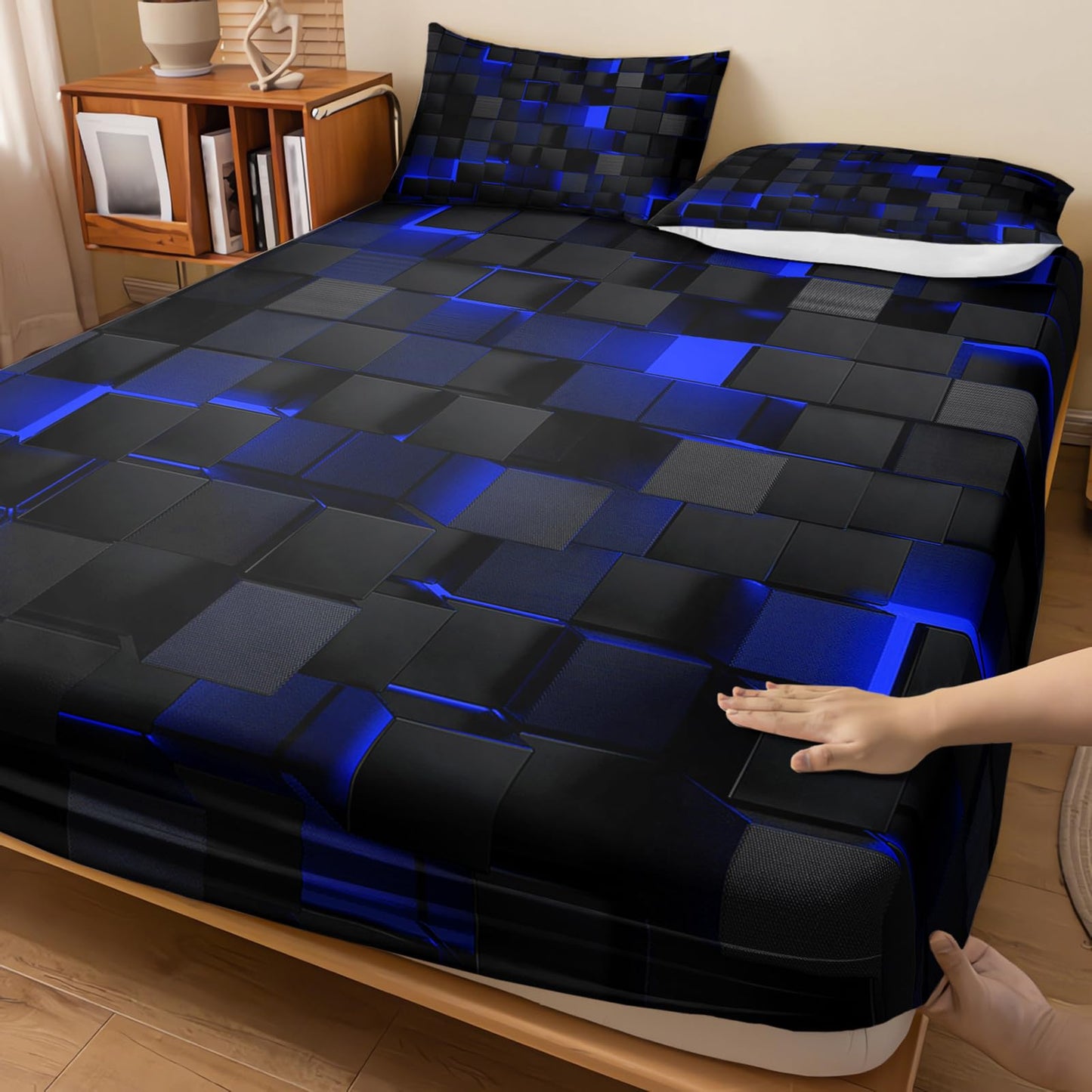 Soft Bedding Fitted Sheet Full Size,Geometric Blue Black Microfiber Fitted Sheet with 16" Deep Pockets Fitted Sheet Room Decor,Bed Sheets & 2 Pillowcases for Kids Boys and Girls