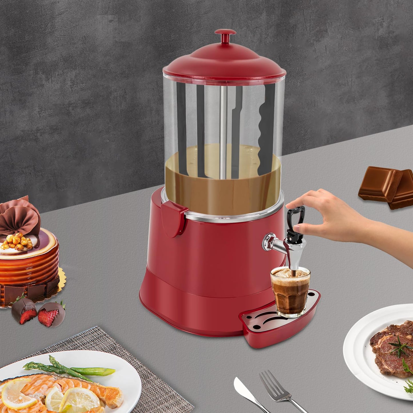 Unnsiapit Hot Chocolate Maker Machine, 400W 10L/2.7Gal Electric Stainless Steel Hot Chocolate Dispenser Melting Machine, Commercial Beverage Warmer Coffee Maker for Kitchen Party, Red