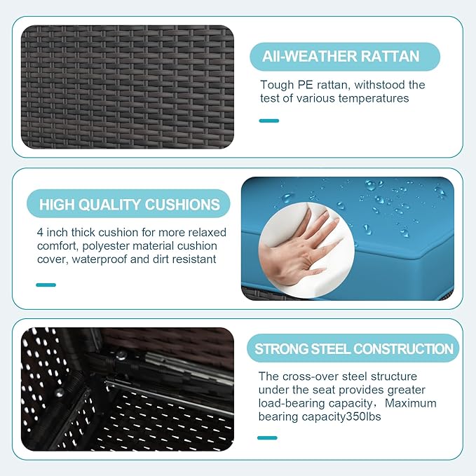 Ophelian 7 Pieces Patio Furniture Set, Outdoor Conversation Rattan Sofa，with Waterproof Cushion and Tempered Glass for Garden and Backyard, (Brown/Peacock Blue)