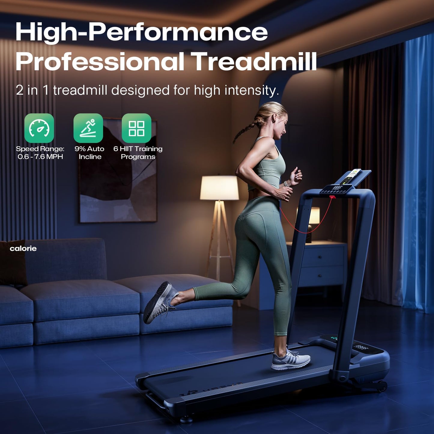 UREVO Smart Treadmill with 9% Incline, 3-in-1 Foldable Treadmill with Handle for Home/Office Fitness, Runner-Focused Design, 6 HIIT Programs & Auto Incline Follow Mode, 2 Display Screens, Plug & Play