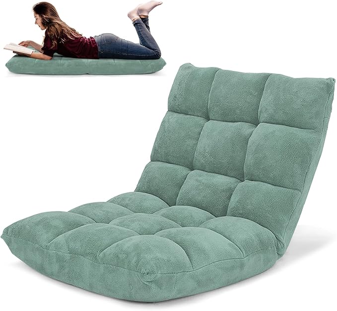 COSTWAY Floor Chair, Video Gaming Chairs with Back Support, Adjustable 14-Position, Alloy Steel Frame, Soft Coral Fleece, Lazy Sofa Lounge for Reading Living Room Recliner for Adults Kids (Green)
