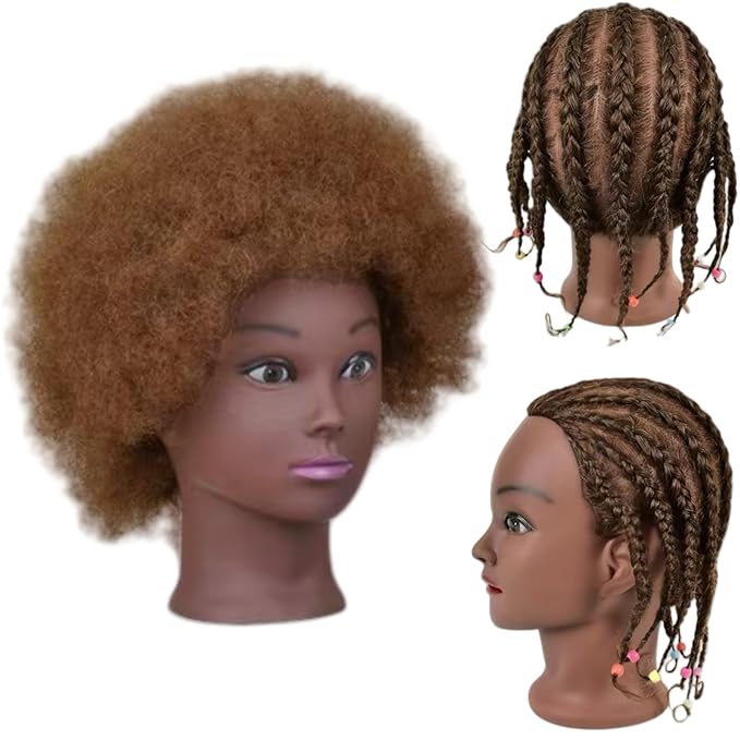 African Kinky-Curly Human Hair Mannequin Head, African Hair Mannequin Head Cosmetology Training Manikin Doll Head Black Mannequin Head for Braiding