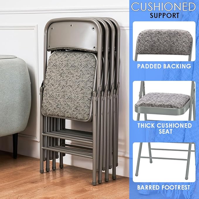 EZONE (2pcs Fabric Folding Chairs with Padded Cushion Backrest Metal Steel Foldable Chair Portable Lightweight Foam Padded Fold Chair (2, Fabric - White)