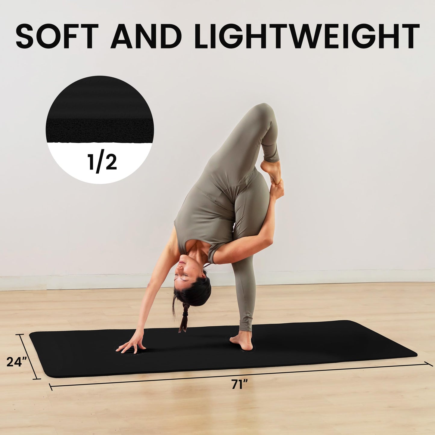 Fitvids 1/2-Inch Thick High Density Foam Exercise Yoga Mat with Carrying Strap, For Cushioning The Body Against Hard Floors, Midnight