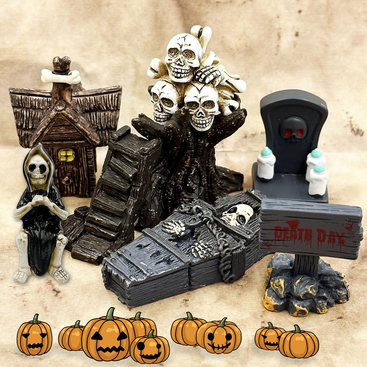 Halloween Miniature Figurines - 18Pcs Resin Ghost Tombstones Skull Heads Scene Ornaments Halloween Garden Accessories Mini Figurine Decorations for Outdoor Statues Home Village Crafts Decor
