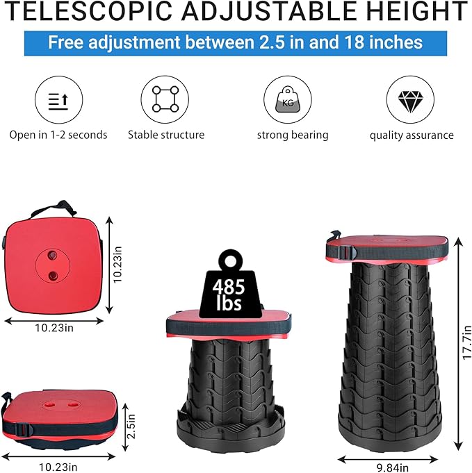 ZTMT Upgraded Square Folding Stool, Max Load Capacity 485lbs, Portable Collapsible Seat, Telescoping Foldable Stool for Camping,Fishing,Hiking,Travel, Red