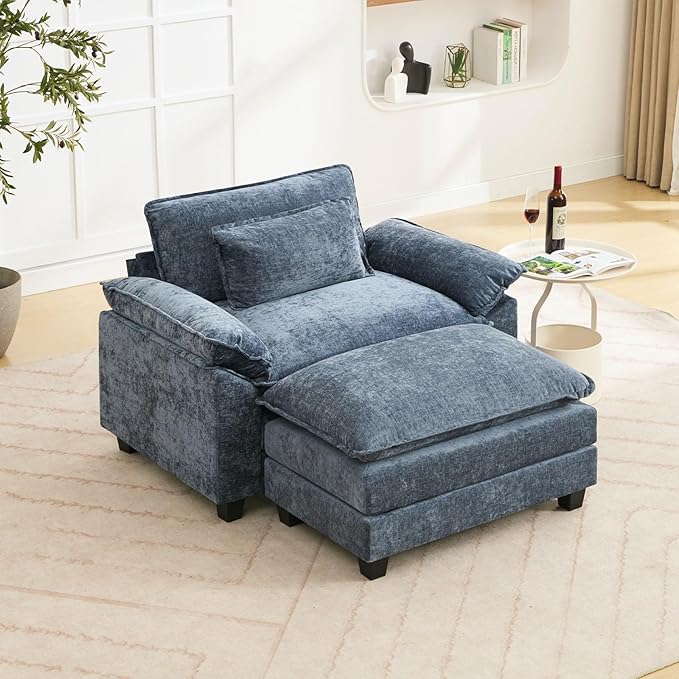 Oprisen 53" Modular Sectional Sofa, Comfy Cloud Couch Sectional Sofa with Ottoman, Chenille Sofa Sleeper Deep Seat Sofa with Throw Pillows for Living Room (Blue)