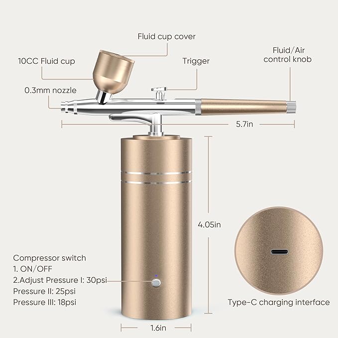 Airbrush Kit with Compressor 30PSI Portable Airbrush Gun Rechargeable Handheld Cordless Air Brush for Nails Art, Painting, Cake Decor, Cookie, Mode, Makeup, Barber (Gold)