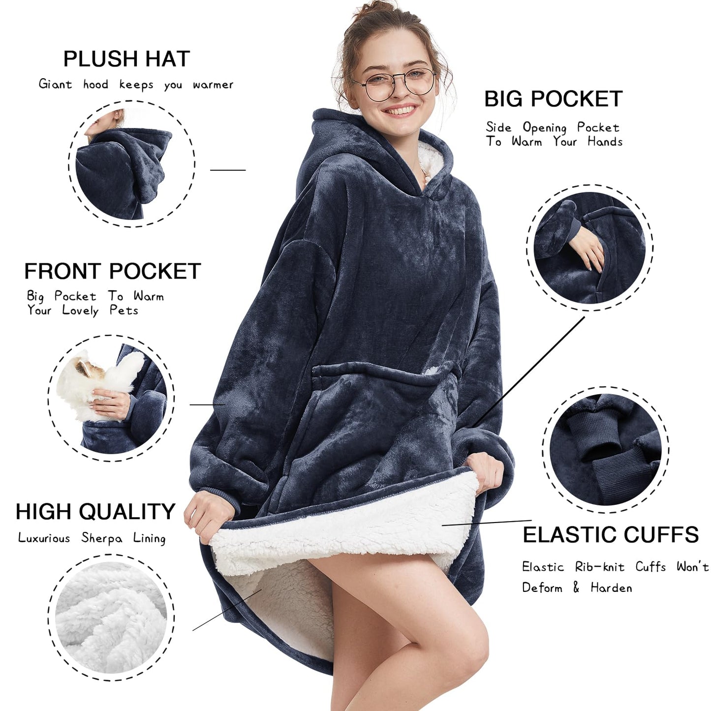 Aemilas Wearable Blanket Hoodie - Sherpa Fleece Blanket Sweatshirt as Gifts for Mom Women Men Boyfriend Girls, Cozy Hooded Blanket with Giant Pocket(Charcoal Grey)