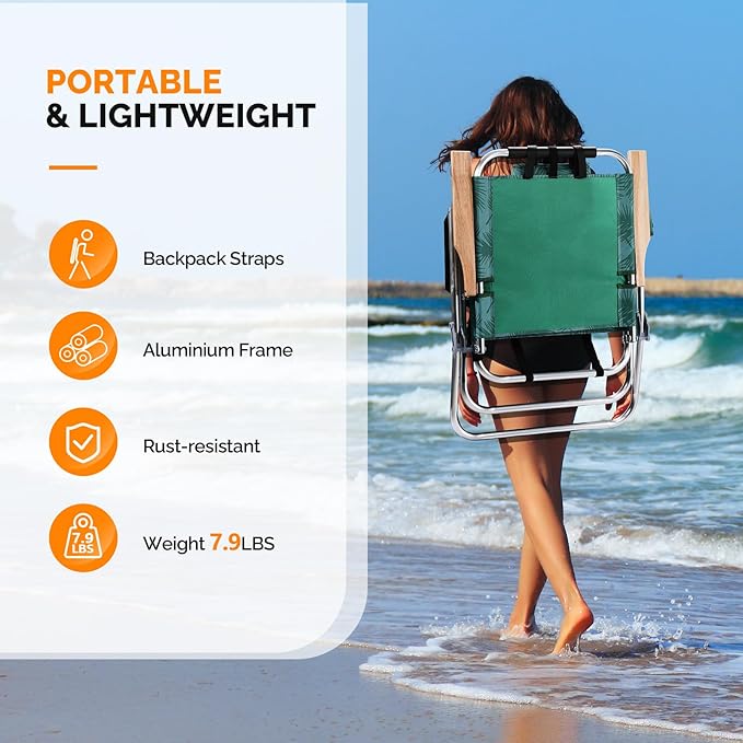 VINGLI Aluminum 17" Backpack Beach Chair – Tall Beach Chairs for Adults, Portable with Adjustable Straps, 3-Position Reclining, Cup Holder, High Lightweight Beach Chairs for Beach