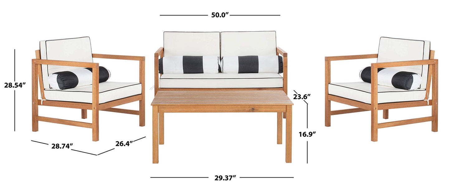 SAFAVIEH Outdoor Collection Montez Natural/ White Cushions/ Striped Bolster Pillows 4-Piece Conversation Patio Set