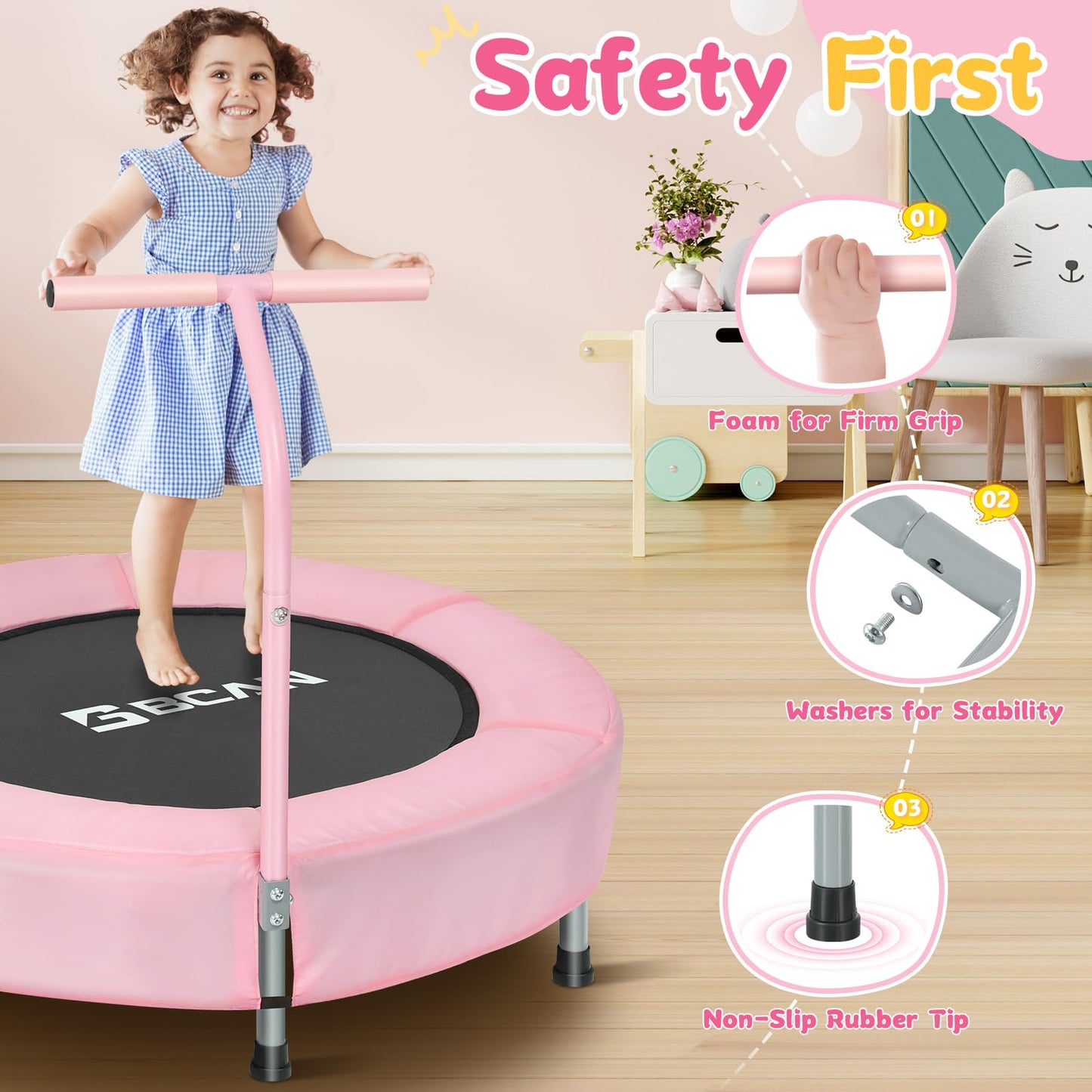 BCAN 36'' Mini Folding Ages 2 to 5 Toddler Trampoline with Handle for Kids, Indoor/Garden Toddlers Trampoline with Super Safe Cover for Toddlers, Pink