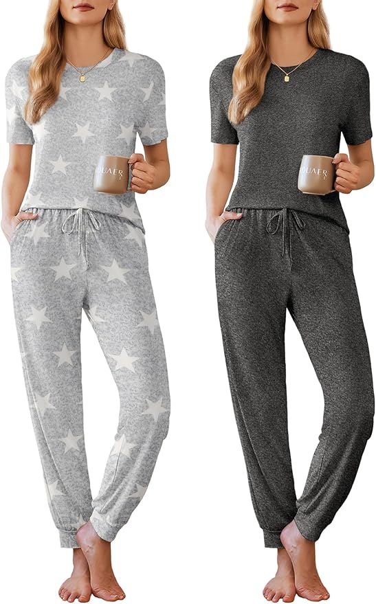 Ekouaer Pajamas for Women Set 2 Pack Lounge Set Short Sleeve Pjs Joggers Long Pants Loungepwear with Pockets