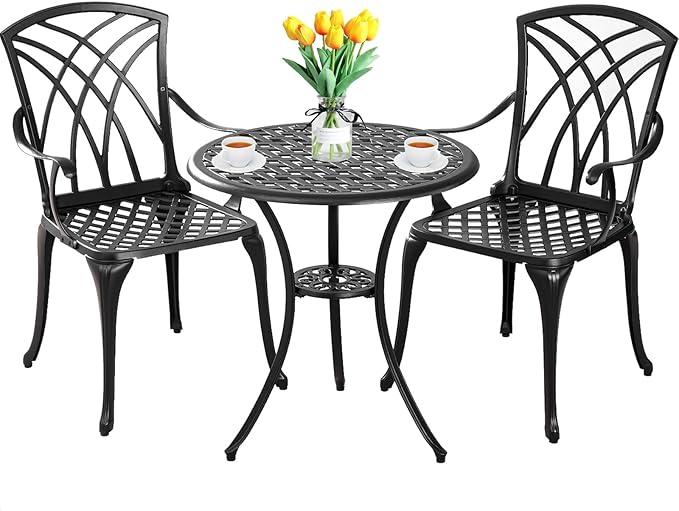 Withniture Patio Bistro Set 3 Piece Outdoor, Cast Aluminum Bistro Table and Chairs Set with Umbrella Hole, Small Bistro Sets Patio Furniture for Porch, Yard (Black, Woven with Armrest)