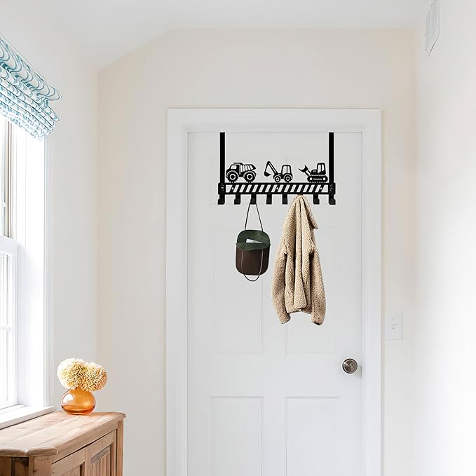 Construction Vehicle Over The Door Hooks - 8 Hook Organizer for Toddler Boys' Rooms, Bathroom & Nursery Decor, Toddler Bedroom & Nursery with Truck Design, Wall Mountable Heavy-Duty Metal Wall Hooks