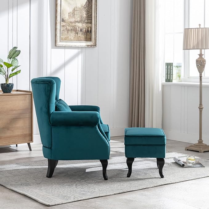 DM Furniture Mid Century Accent Chair with Ottoman Modern Button Tufted Armchair Wingback Club Chair Velvet Single Sofa Lounge Chair with Pillow for Living Room Bedroom, Teal Blue