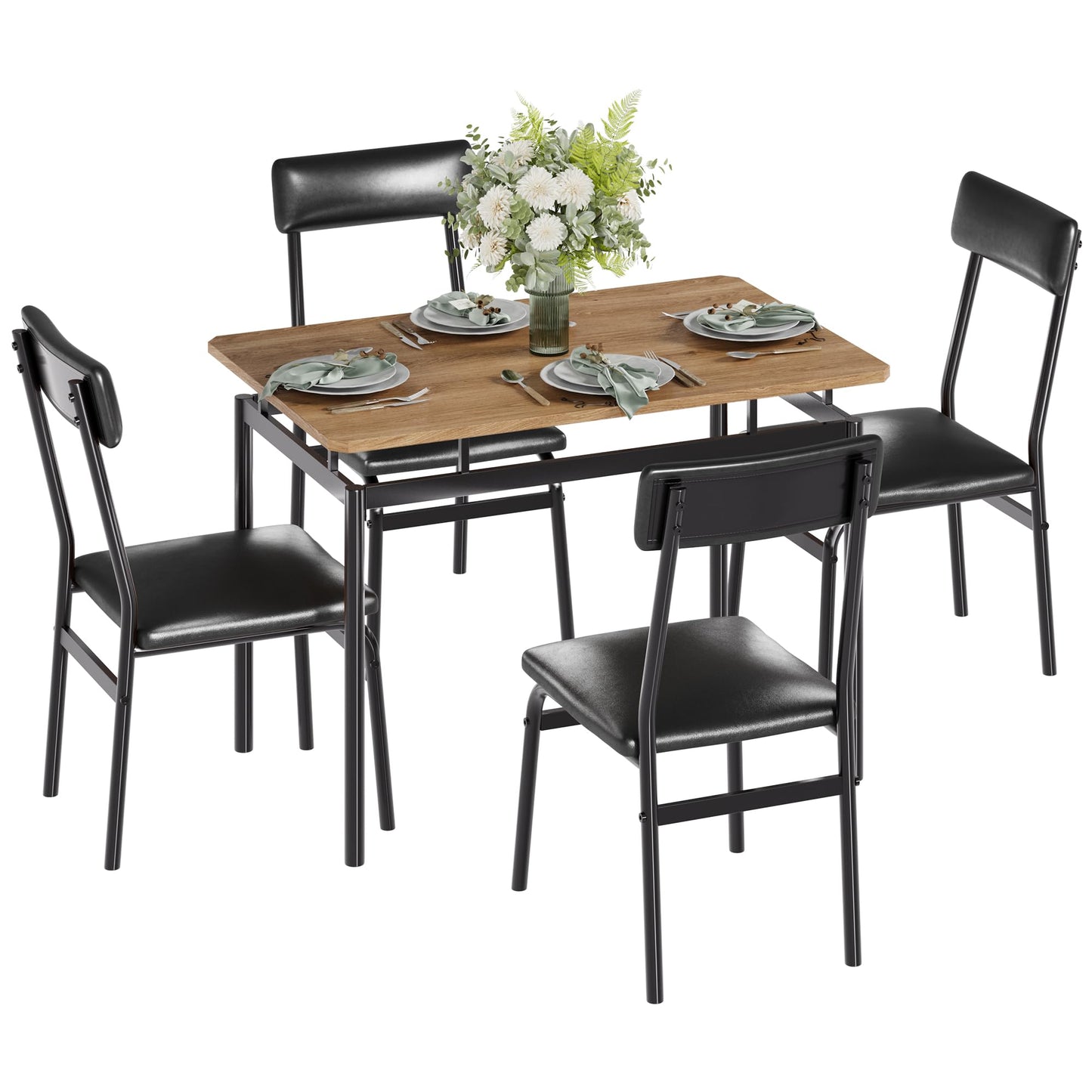 Garvee Dining Table Set for 4, 5 Piece Wooden Dining Room Table Set, 4 PU Upholstered Chair, Modern Metal Frame Dinette Set for Dining Room, Home Dinner, Party, Kitchen, Black