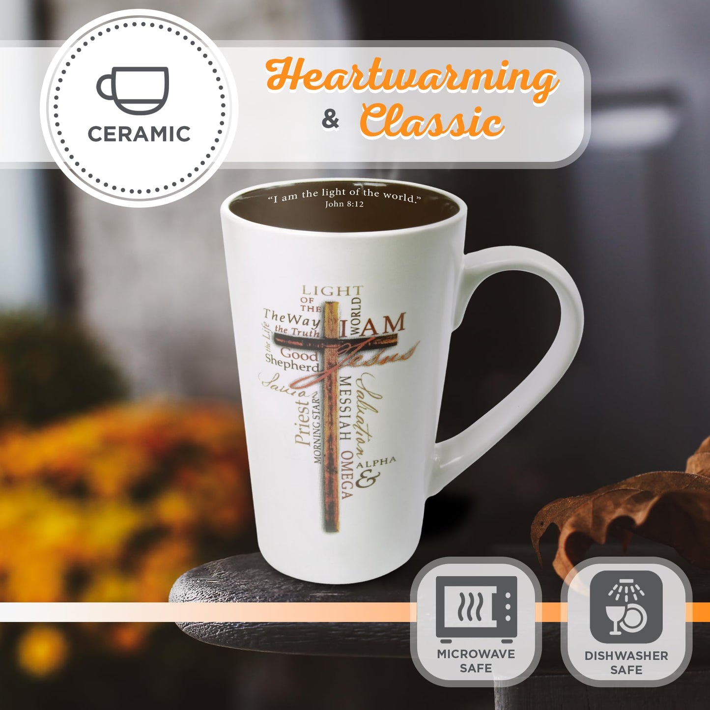 Christian Art Gifts White Stoneware Coffee Mug with Handle – 16 oz. Microwave & Dishwasher-safe Inspirational Scripture Coffee & Tea Mug for Men & Women with Bible Verse: Light of The World –John 8:12