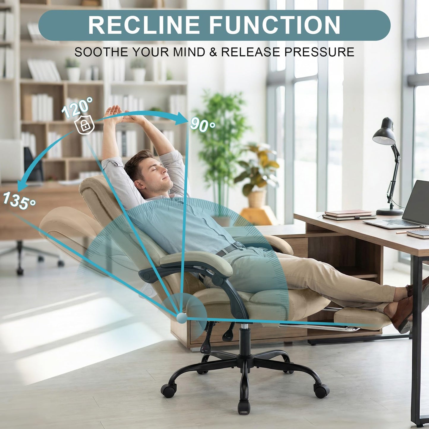 Executive Office Chair,High Back Ergonomic Comfy Desk Chair with Footrest and Padded Linkage Armrests,PU Leather Heavy Duty Computer Swivel Rolling Task Chair for Home Office,Adults,Khaki