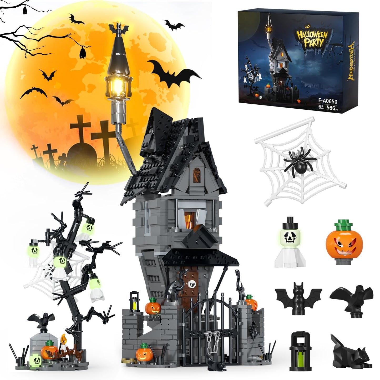 Tweandar Halloween Haunted Mansion Building Set,Before Xmas Haunted House Building Blocks Set with Light, Glow-in-The-Dark Pumpkins and Skeleton Ghosts, Halloween Toys Gifts for Adults & Kids