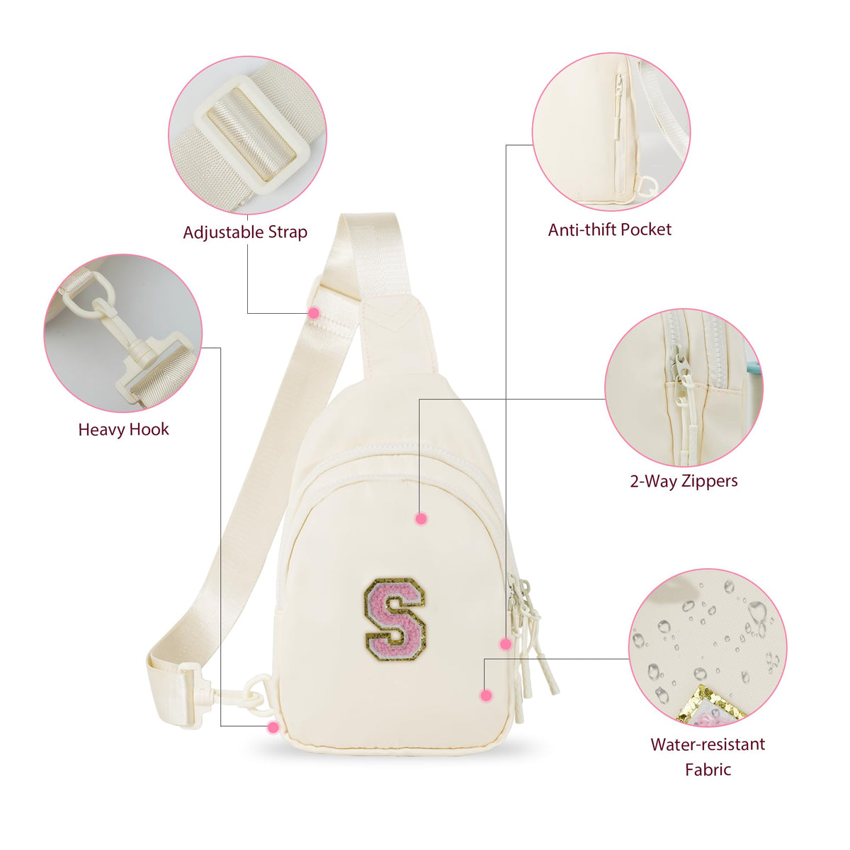 Bomvabe Crossbody Bag for Teenage Girls with Extender Strap 32"-52", Birthday Gift for 6 to 14 Year Old Girls, Sling Bag for Kids and Tweens, Cream with Initials S