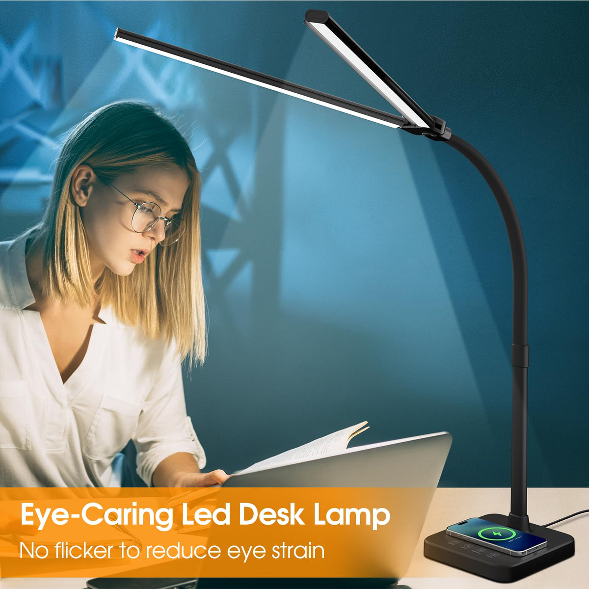 ShineTech LED Desk Lamp for Home Office, 24W Double Head Desk Light with Wireless Charging, USB Port, 25 Lighting Modes Adjustable Gooseneck Lamps
